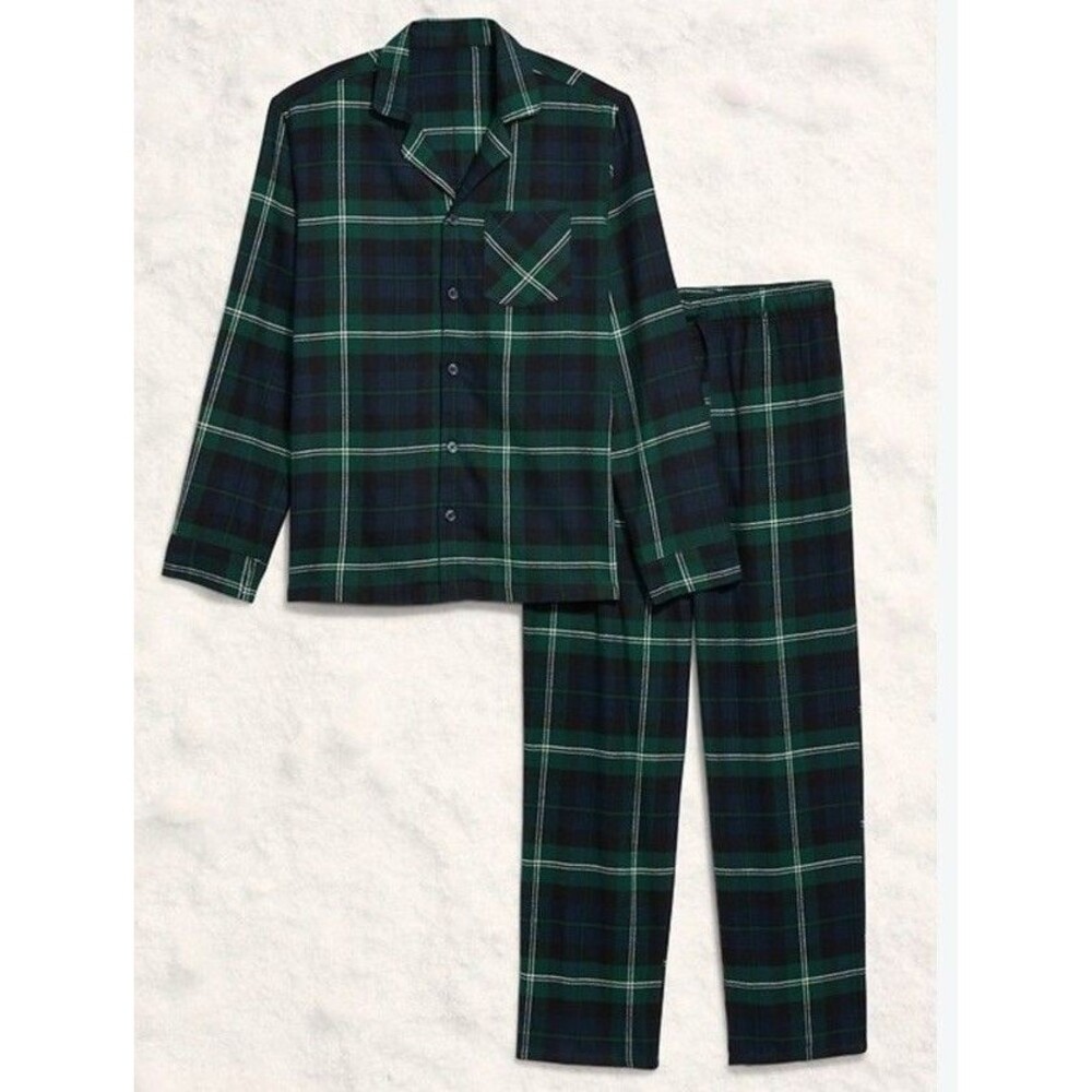 Old Navy Green/Black & White Plaid Flannel Pajama Set NOS Collared Button XL